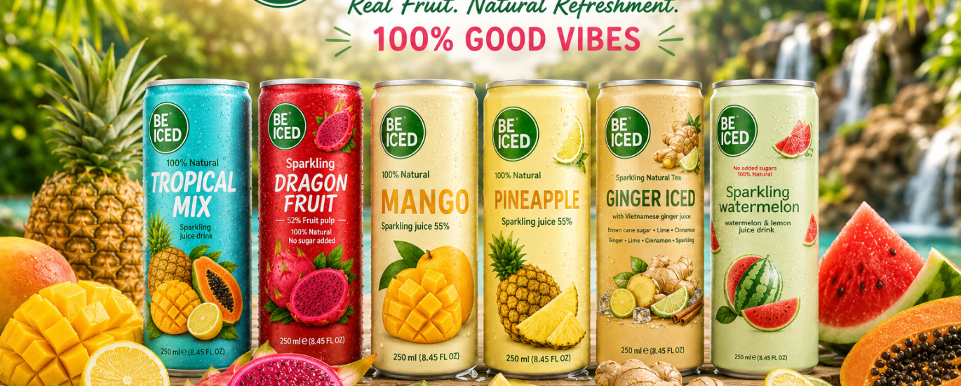 Banner publicitario de bebida refrescante de zumo con gas BE ICED