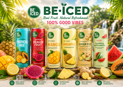 Banner publicitario de bebida refrescante de zumo con gas BE ICED
