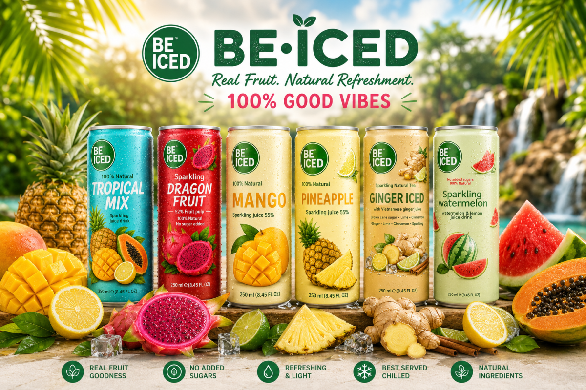 Banner publicitario de bebida refrescante de zumo con gas BE ICED